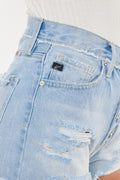 Distressed Button Fly Denim Shorts - Barbara Aleks