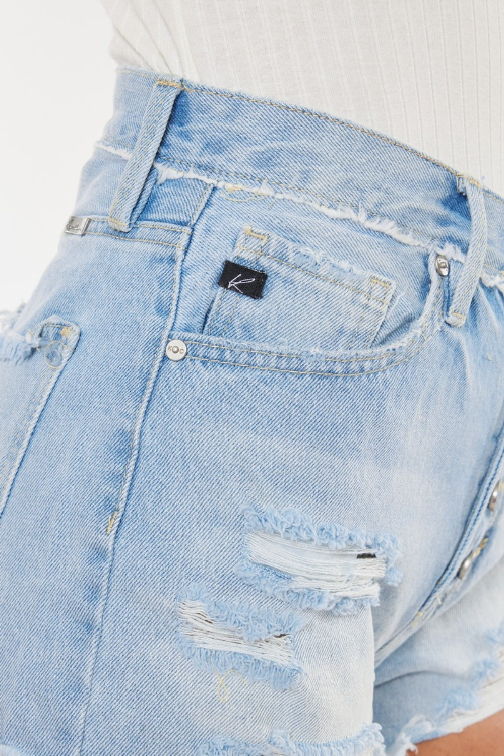Distressed Button Fly Denim Shorts - Barbara Aleks