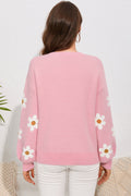 Flower Round Neck Dropped Shoulder Sweater - Barbara Aleks