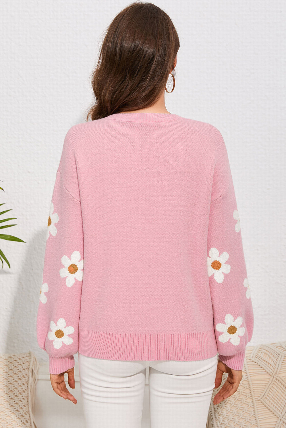 Flower Round Neck Dropped Shoulder Sweater - Barbara Aleks