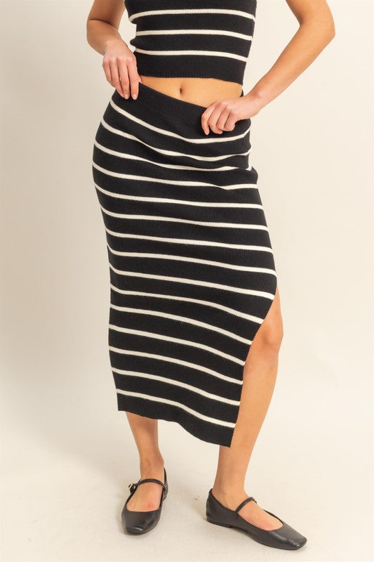 Side Slit Striped Bodycon Sweater Skirt - Barbara Aleks