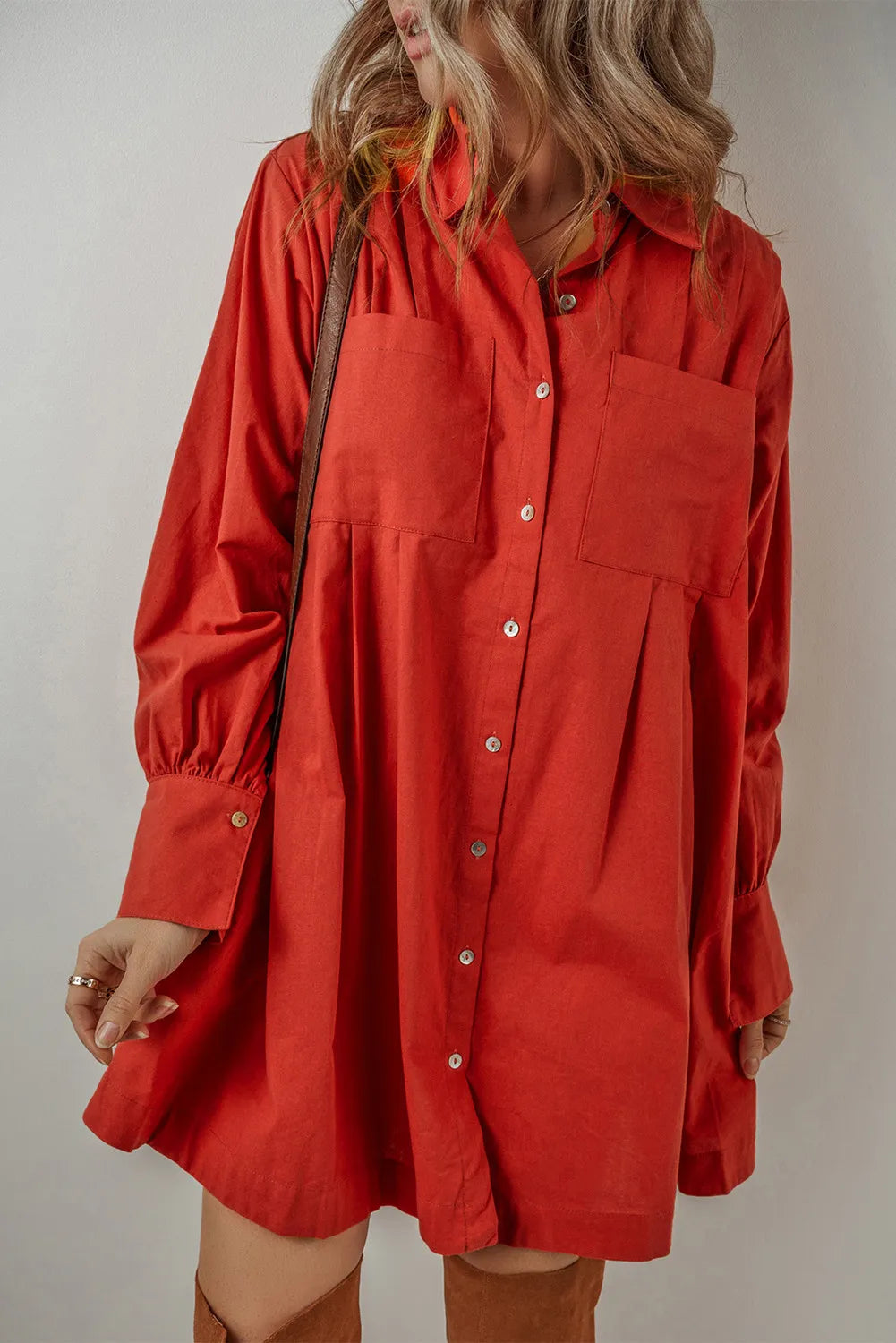 Pocketed Button Down Long Sleeve Shirt Dress - Barbara Aleks