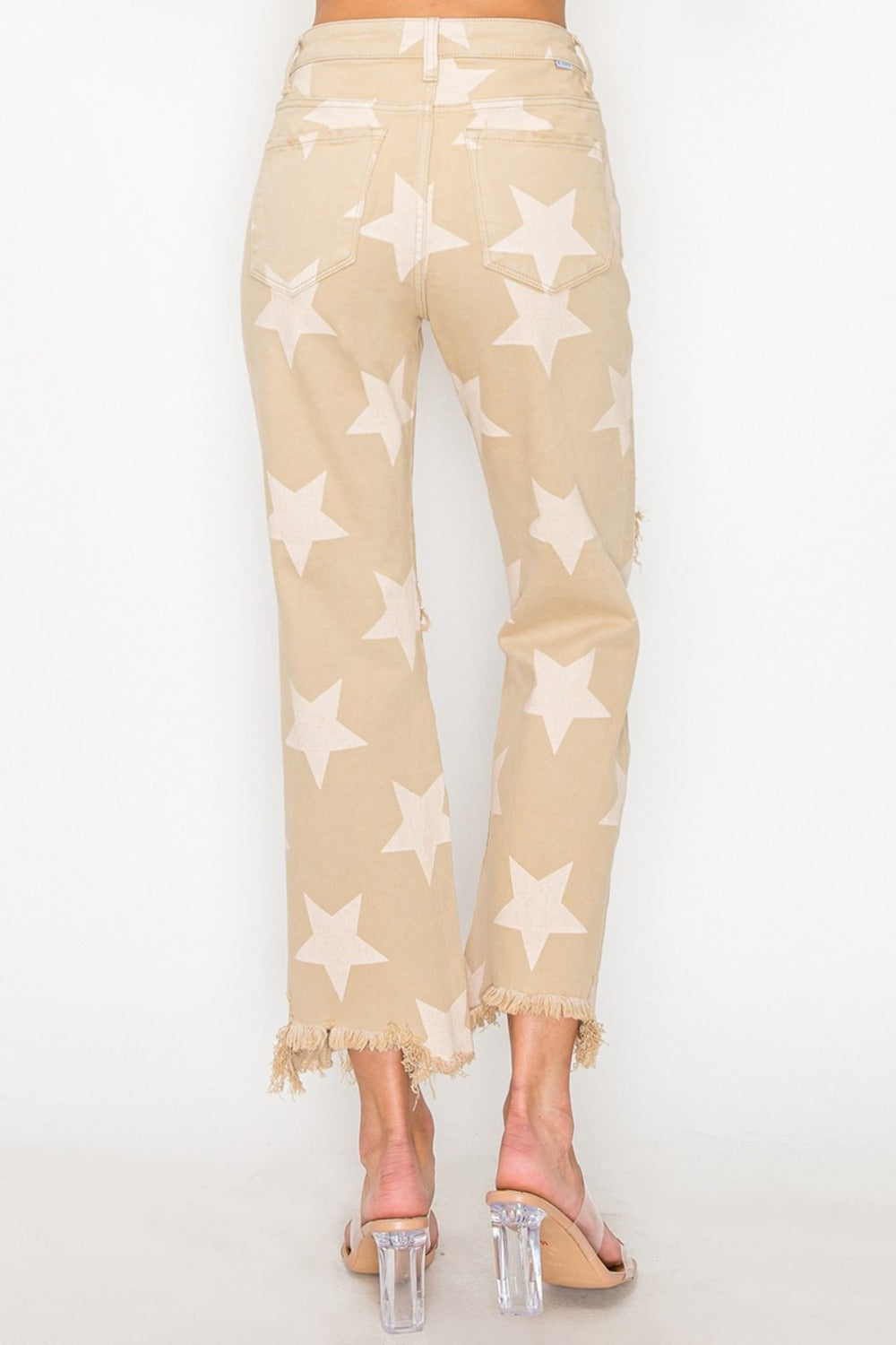 High Rise Star Printed Frayed Hem Jeans - Barbara Aleks
