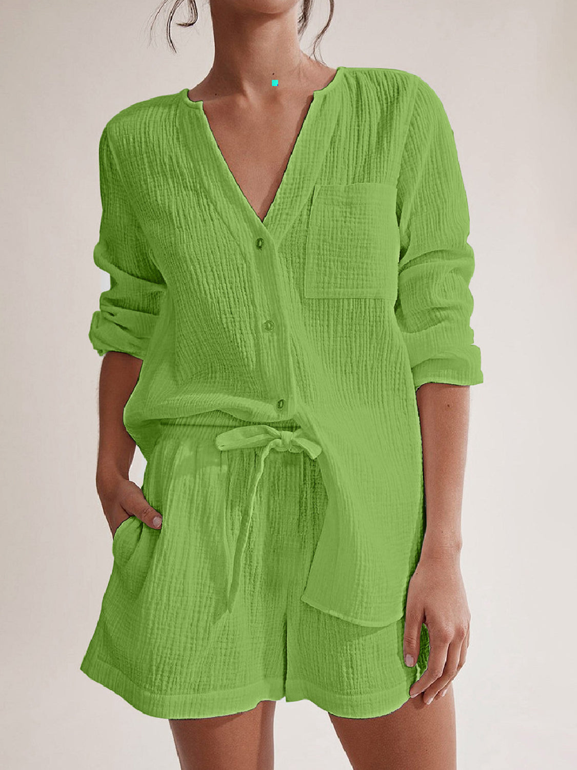 Notched Long Sleeve Top and Shorts Set - Barbara Aleks