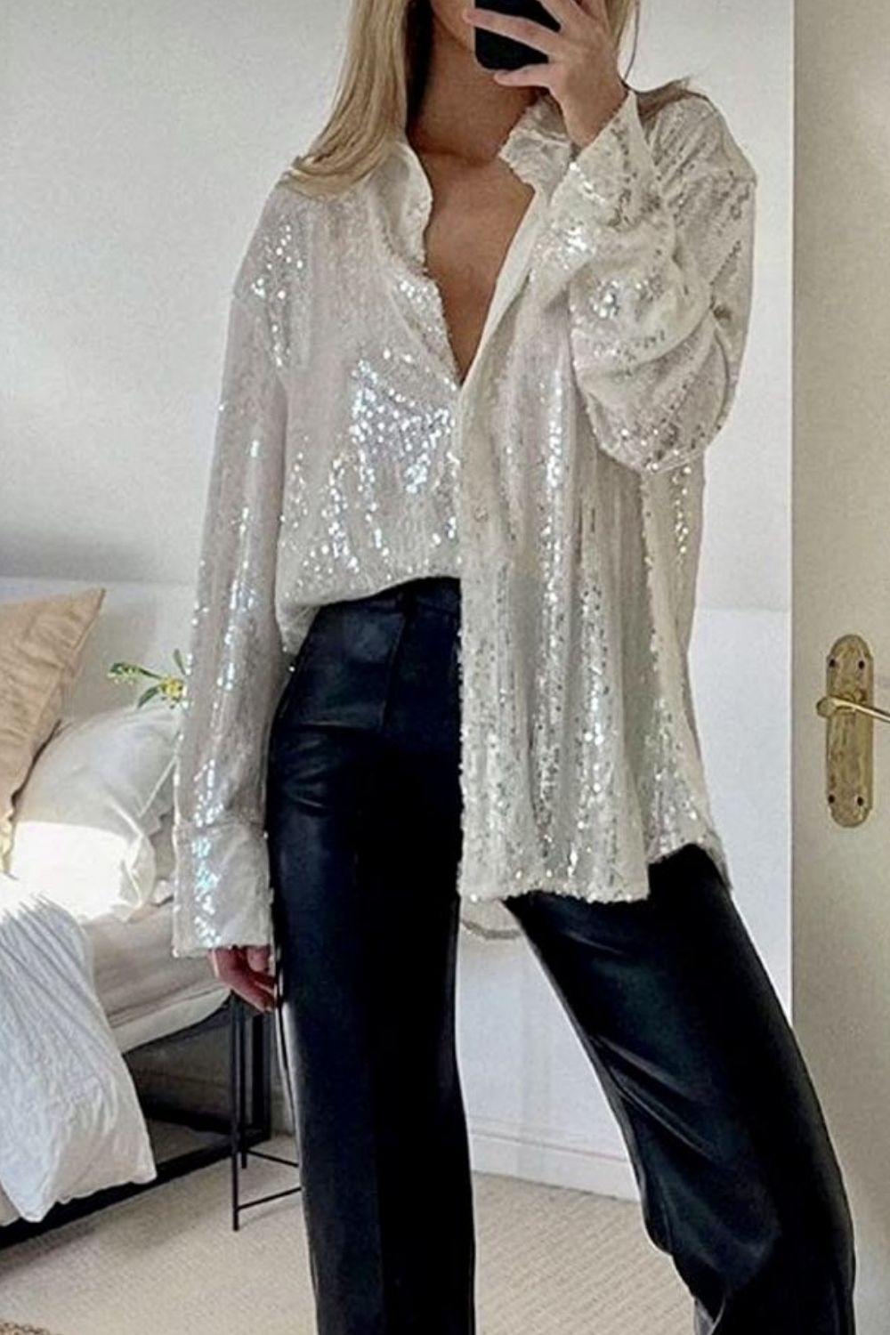 Sequin Button Up Long Sleeve Shirt - Barbara Aleks
