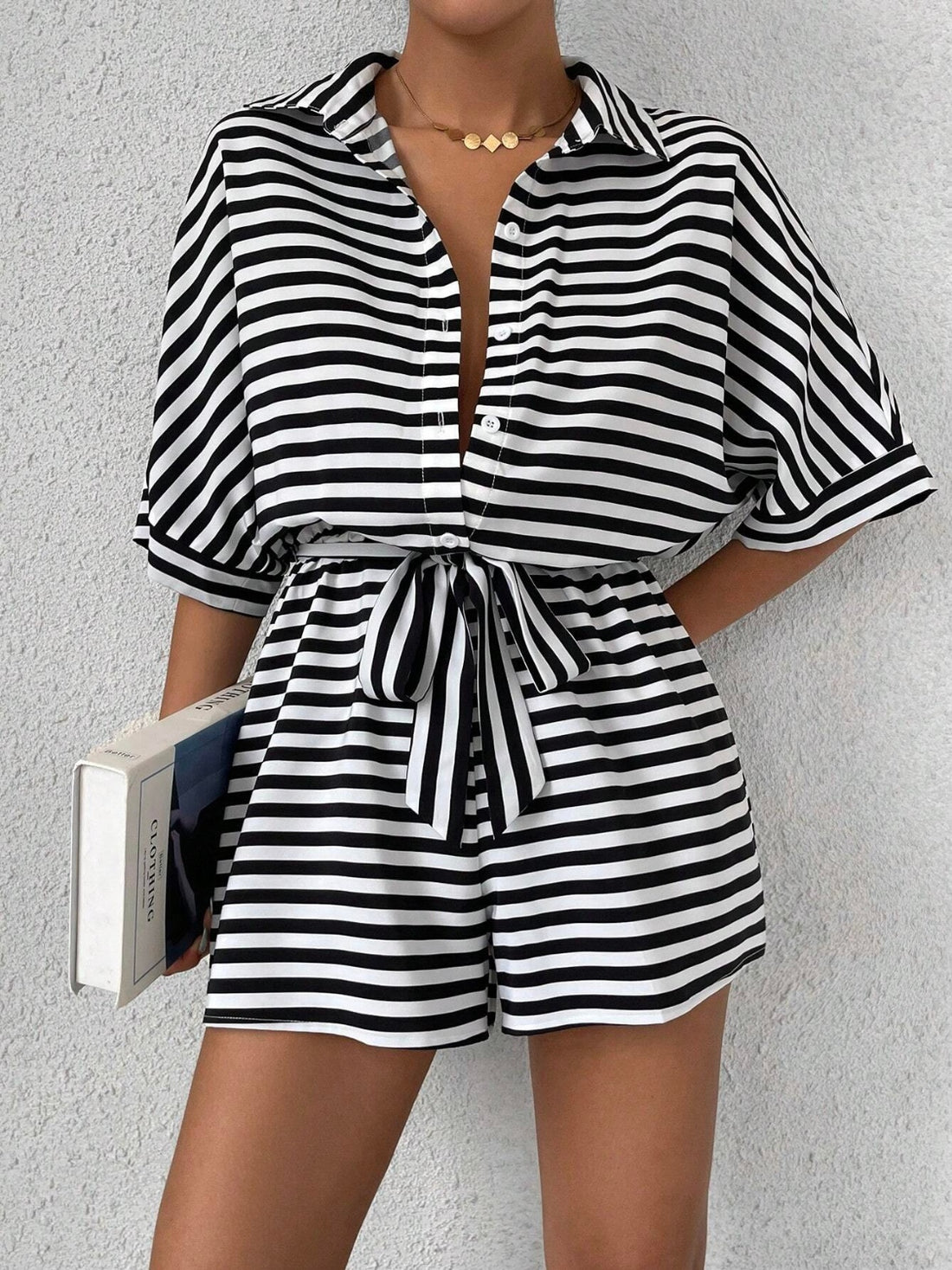 Tie Waist Half Button Striped Romper - Barbara Aleks