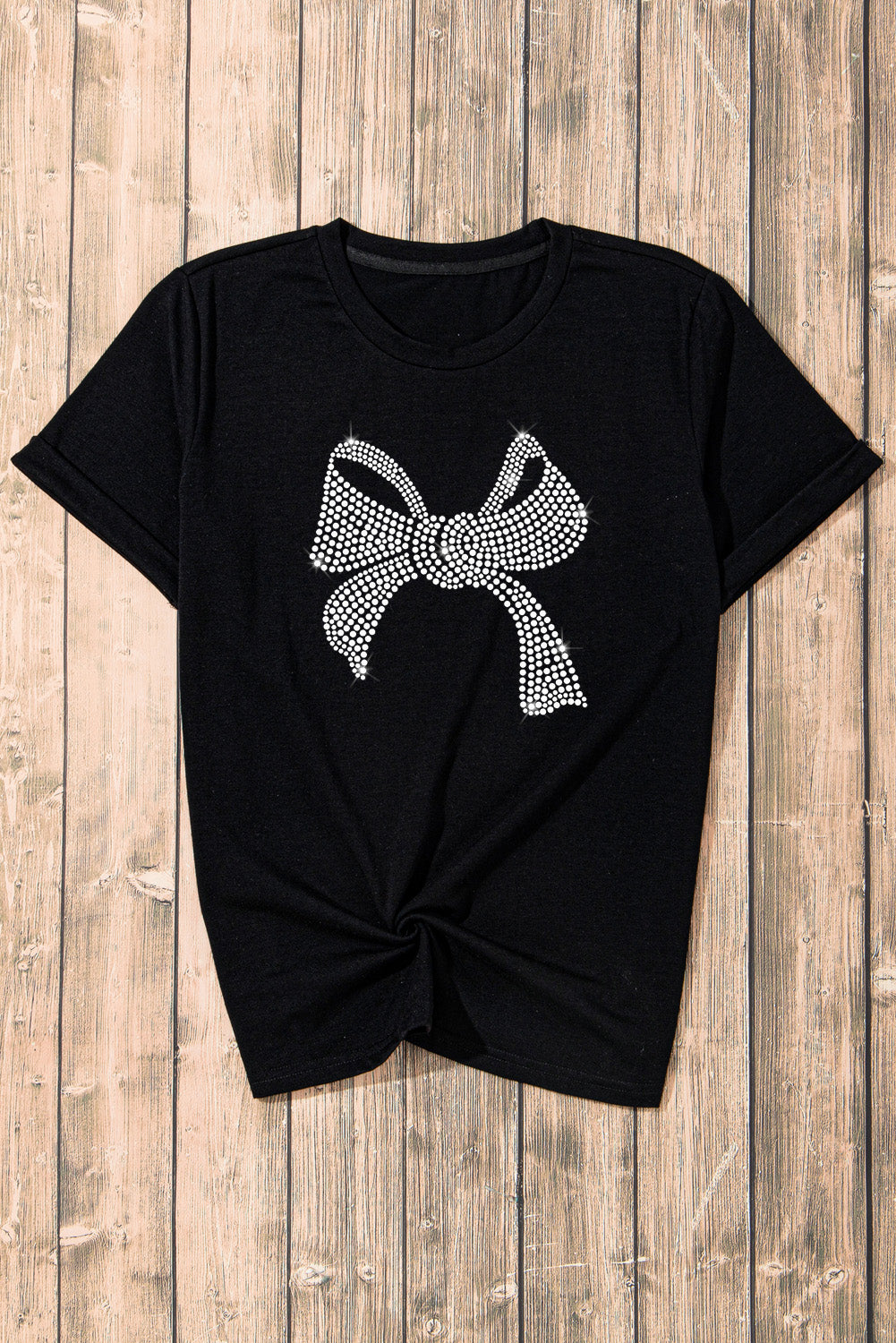 Rhinestone Bow Graphic Round Neck Short Sleeve T-Shirt - Barbara Aleks