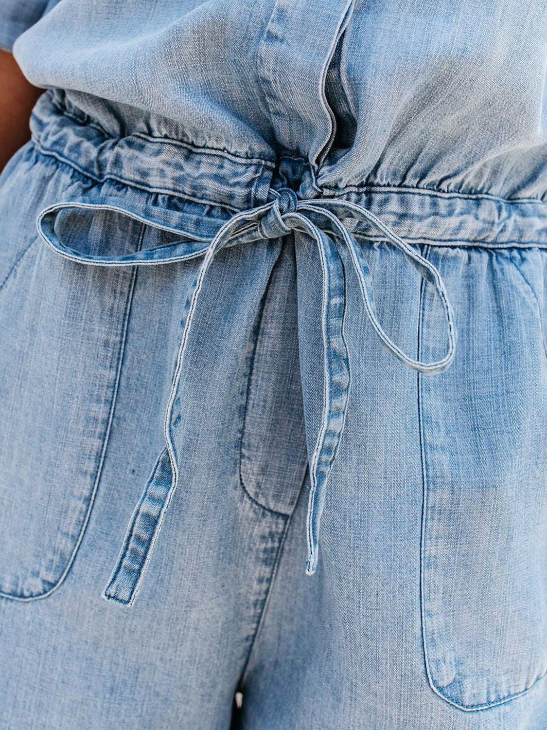 Drawstring Half Button Half Sleeve Denim Romper - Barbara Aleks