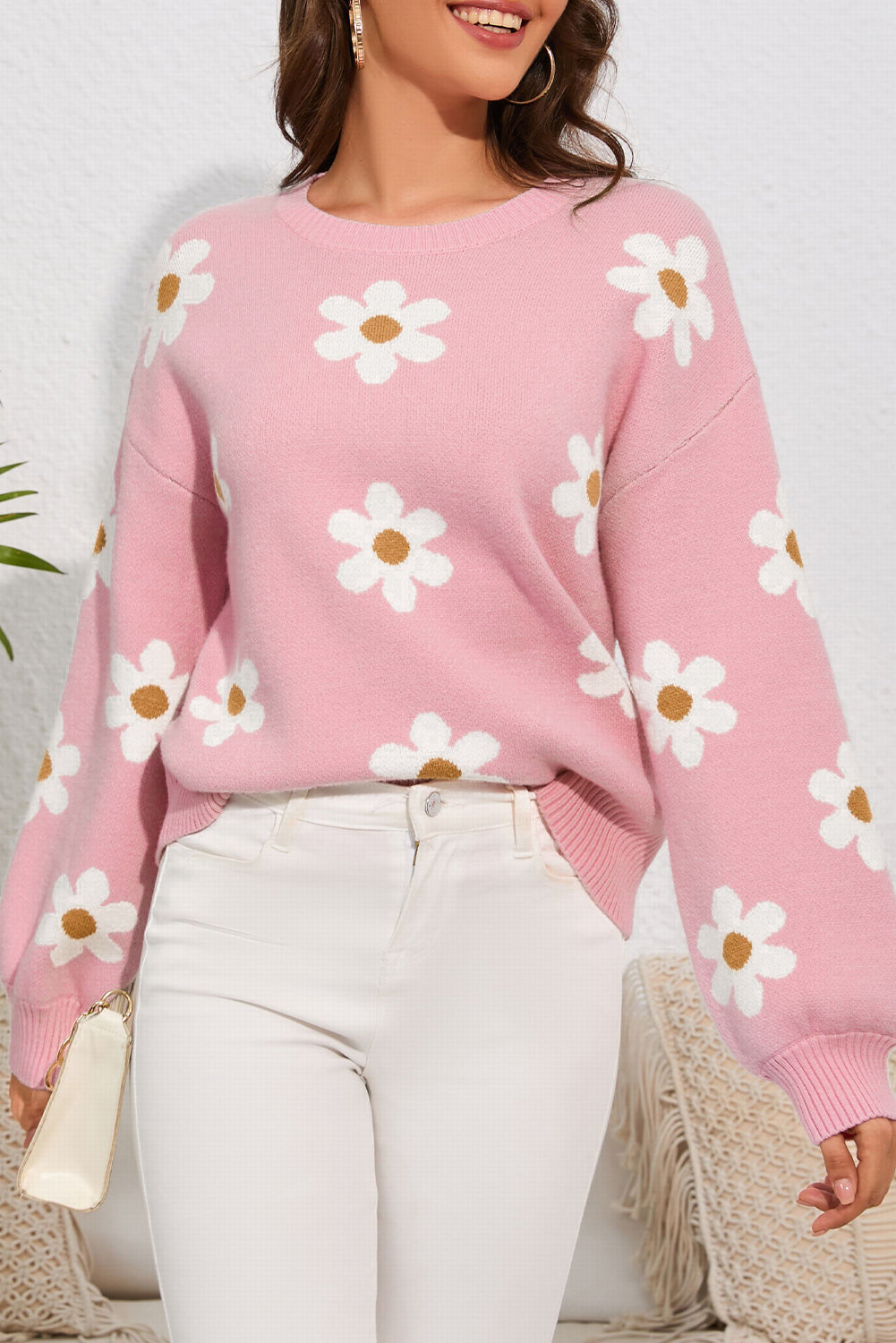 Flower Round Neck Dropped Shoulder Sweater - Barbara Aleks