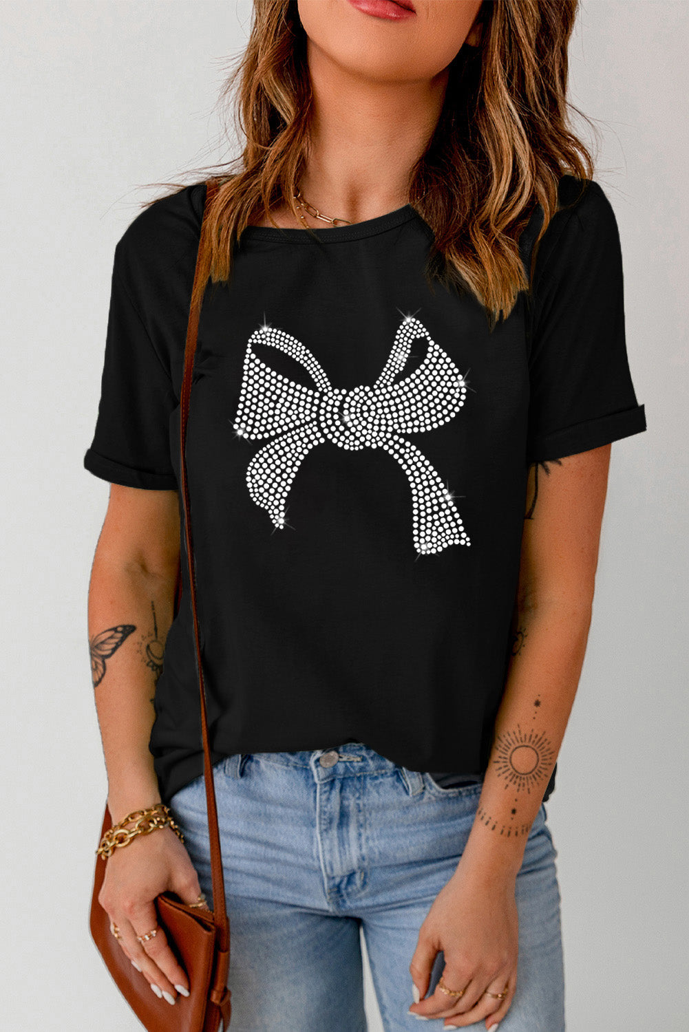 Rhinestone Bow Graphic Round Neck Short Sleeve T-Shirt - Barbara Aleks