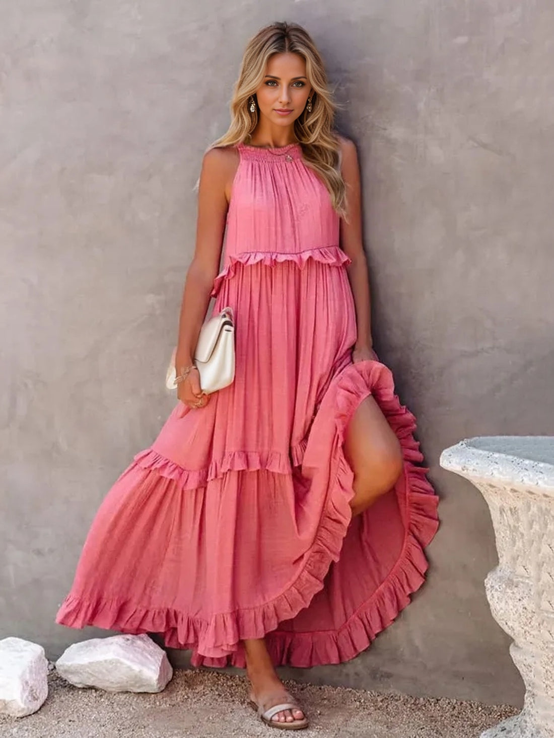 Ruffled Sleeveless Tiered Maxi Dress with Pockets - Barbara Aleks