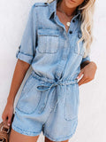 Drawstring Half Button Half Sleeve Denim Romper - Barbara Aleks