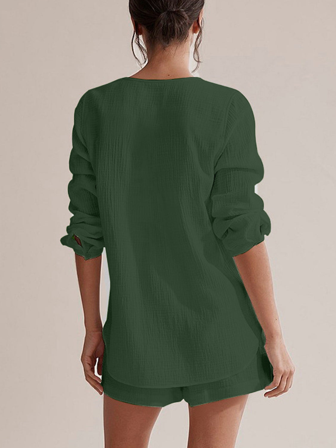 Notched Long Sleeve Top and Shorts Set - Barbara Aleks