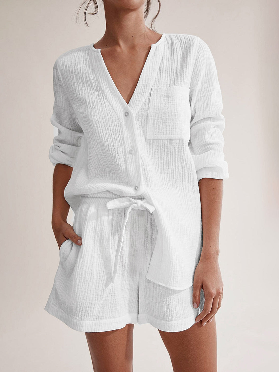 Notched Long Sleeve Top and Shorts Set - Barbara Aleks