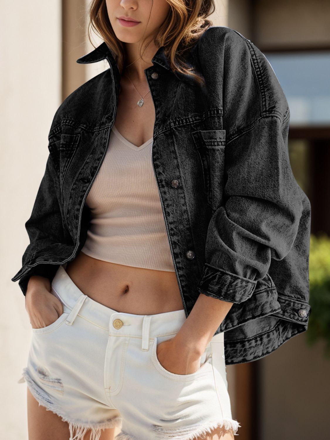 Pocketed Button Up Denim Jacket - Barbara Aleks