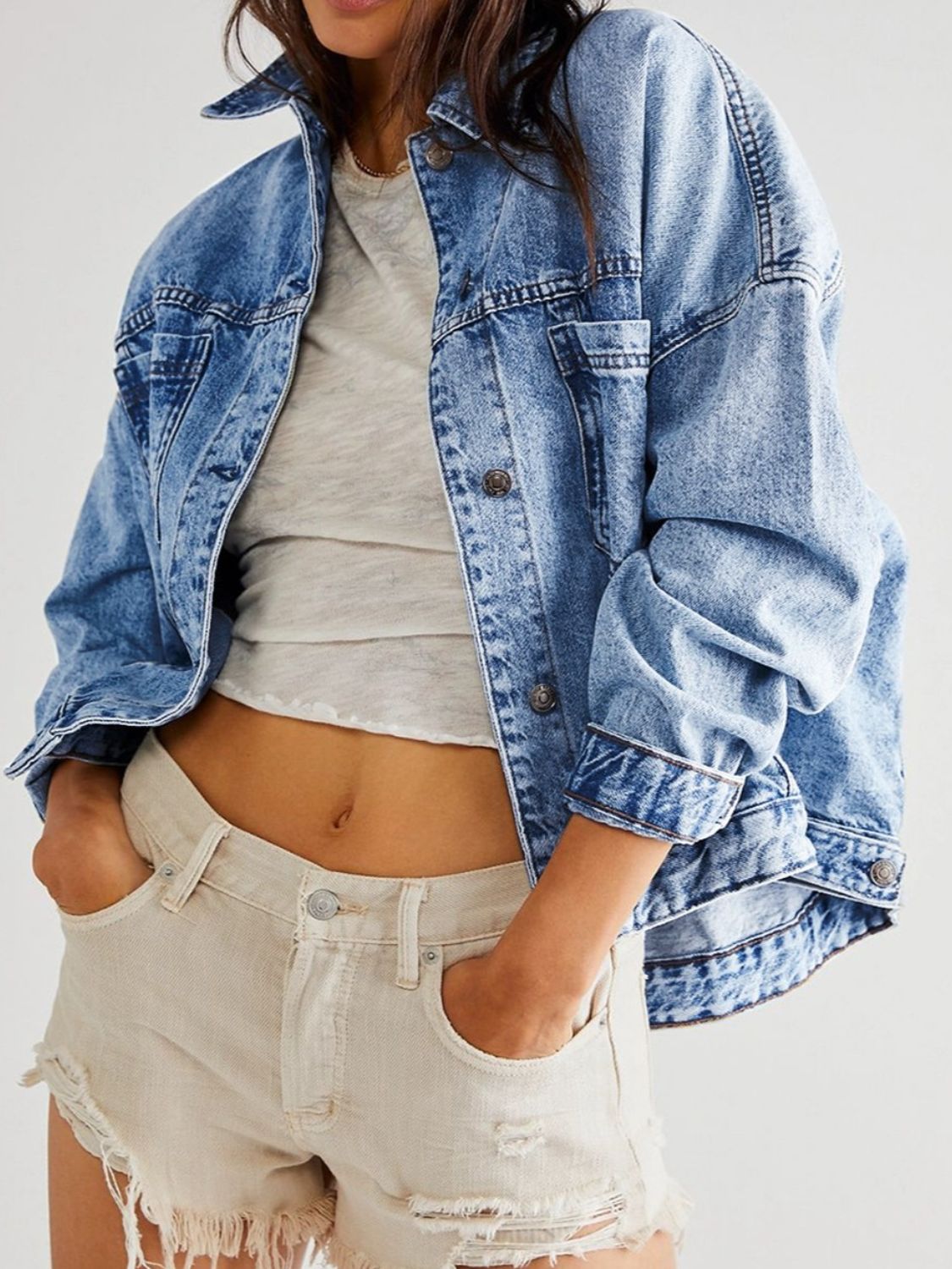 Pocketed Button Up Denim Jacket - Barbara Aleks