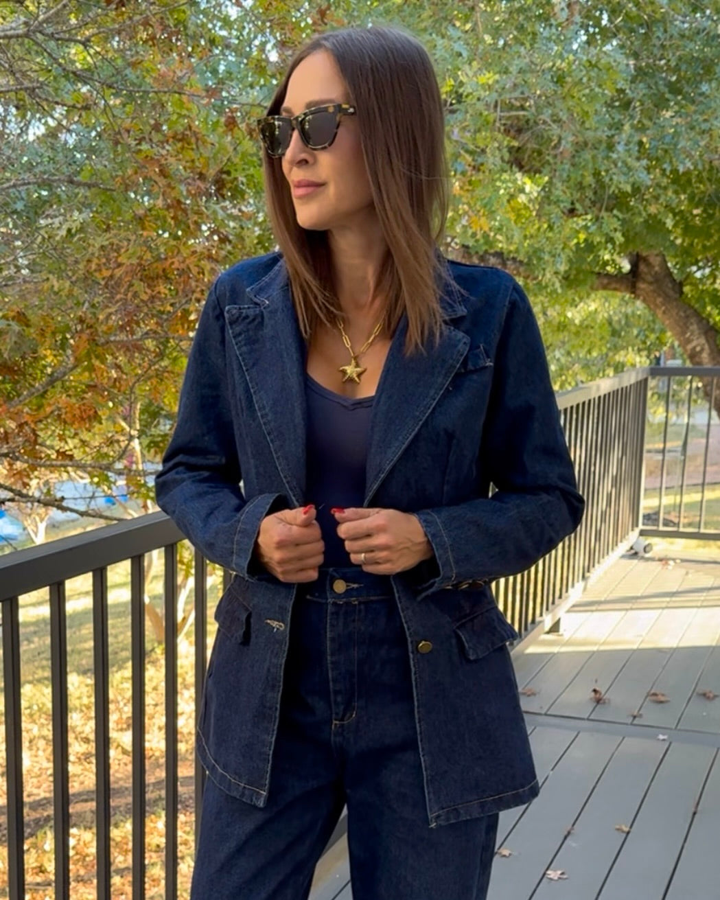 Single-Breasted Washed Denim Blazer