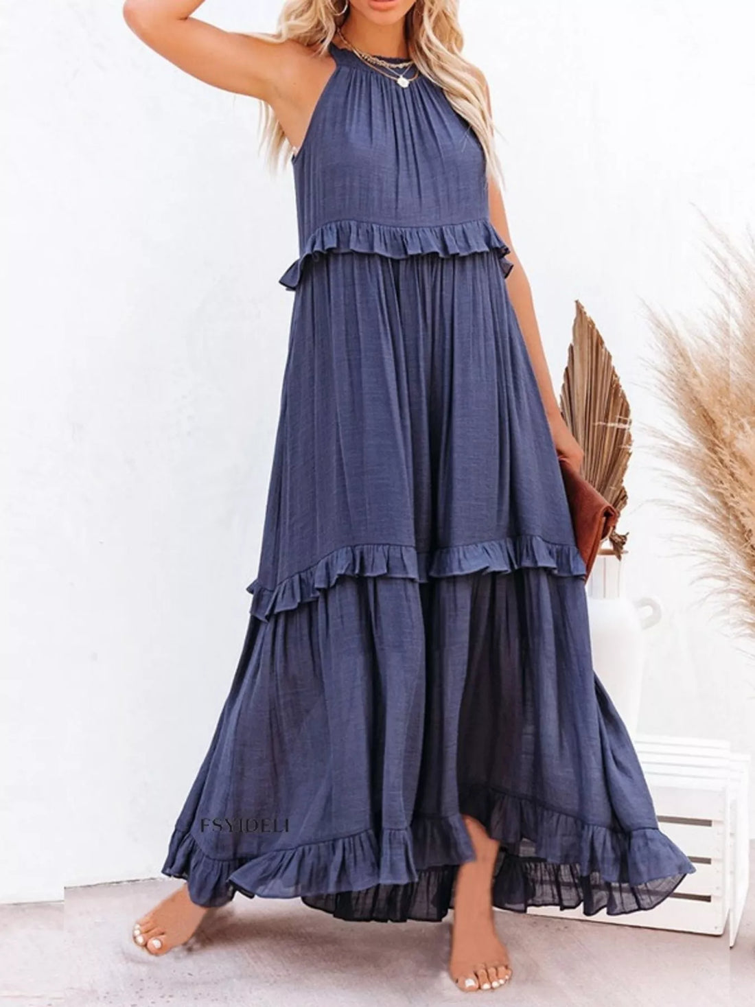 Ruffled Sleeveless Tiered Maxi Dress with Pockets - Barbara Aleks