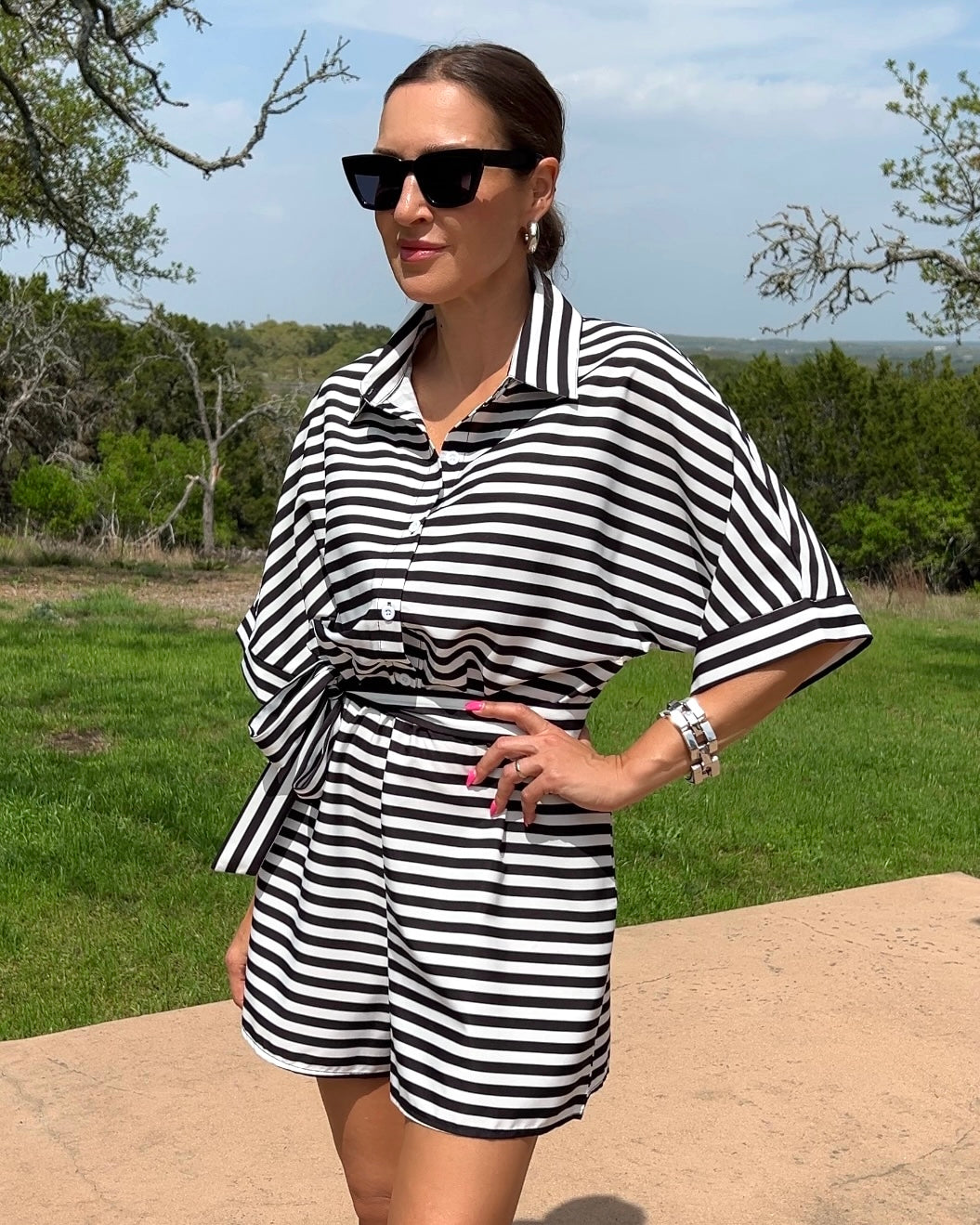Tie Waist Half Button Striped Romper - Barbara Aleks