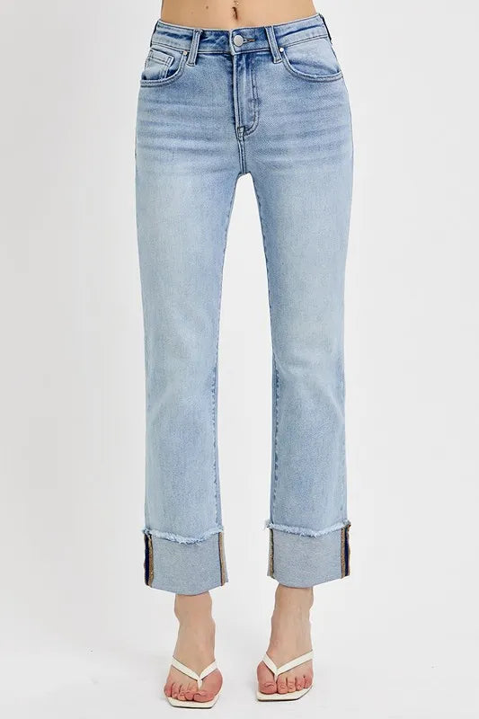 High Rise Slim Straight Cuffed Jeans - Barbara Aleks