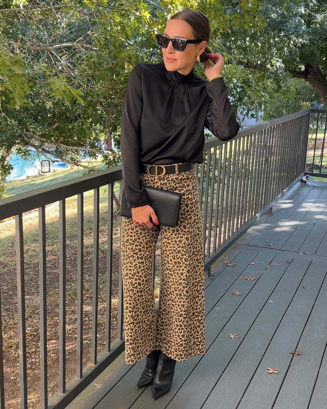 Mid Rise Leopard Twill Frayed Hem Wide Leg Pants - Barbara Aleks