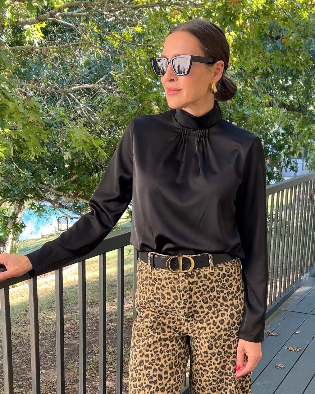 Mock Neck Long Sleeve Blouse with Pleated Detail - Barbara Aleks