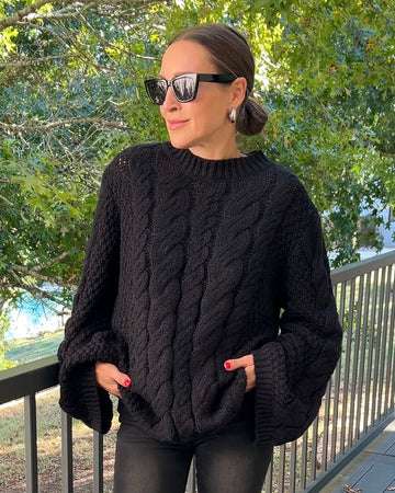 Cable Knit Round Neck Sweater - Barbara Aleks