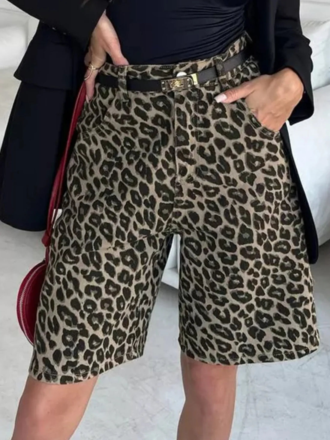 Leopard Print High-Waisted Bermuda Shorts - Barbara Aleks