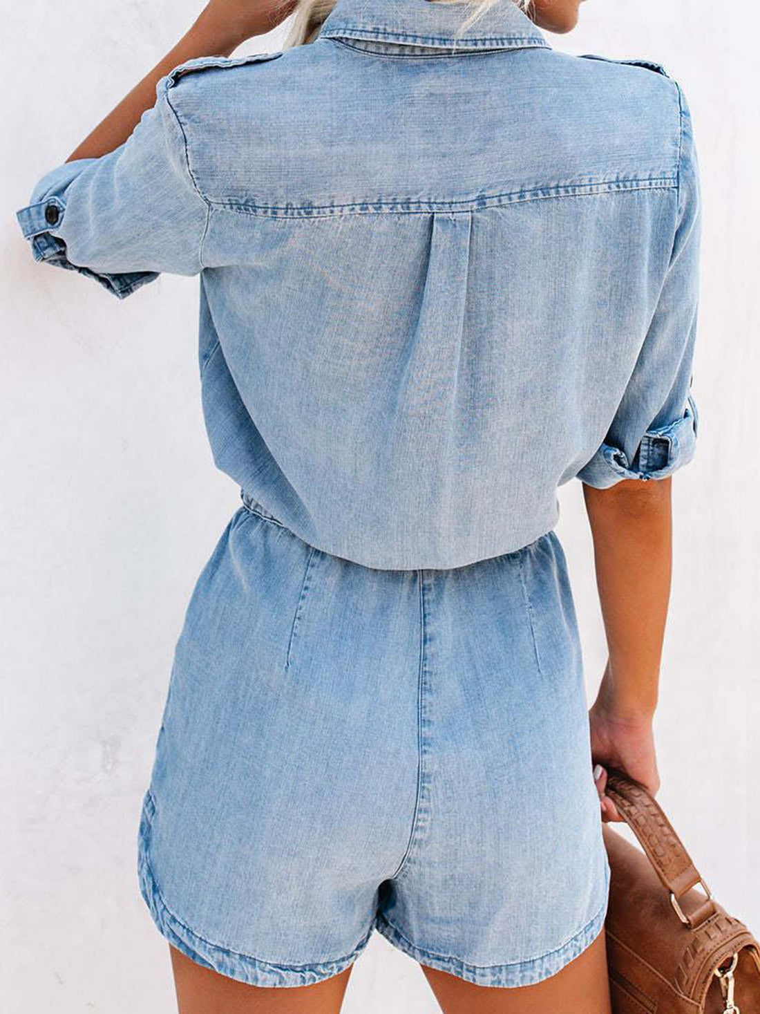 Drawstring Half Button Half Sleeve Denim Romper - Barbara Aleks