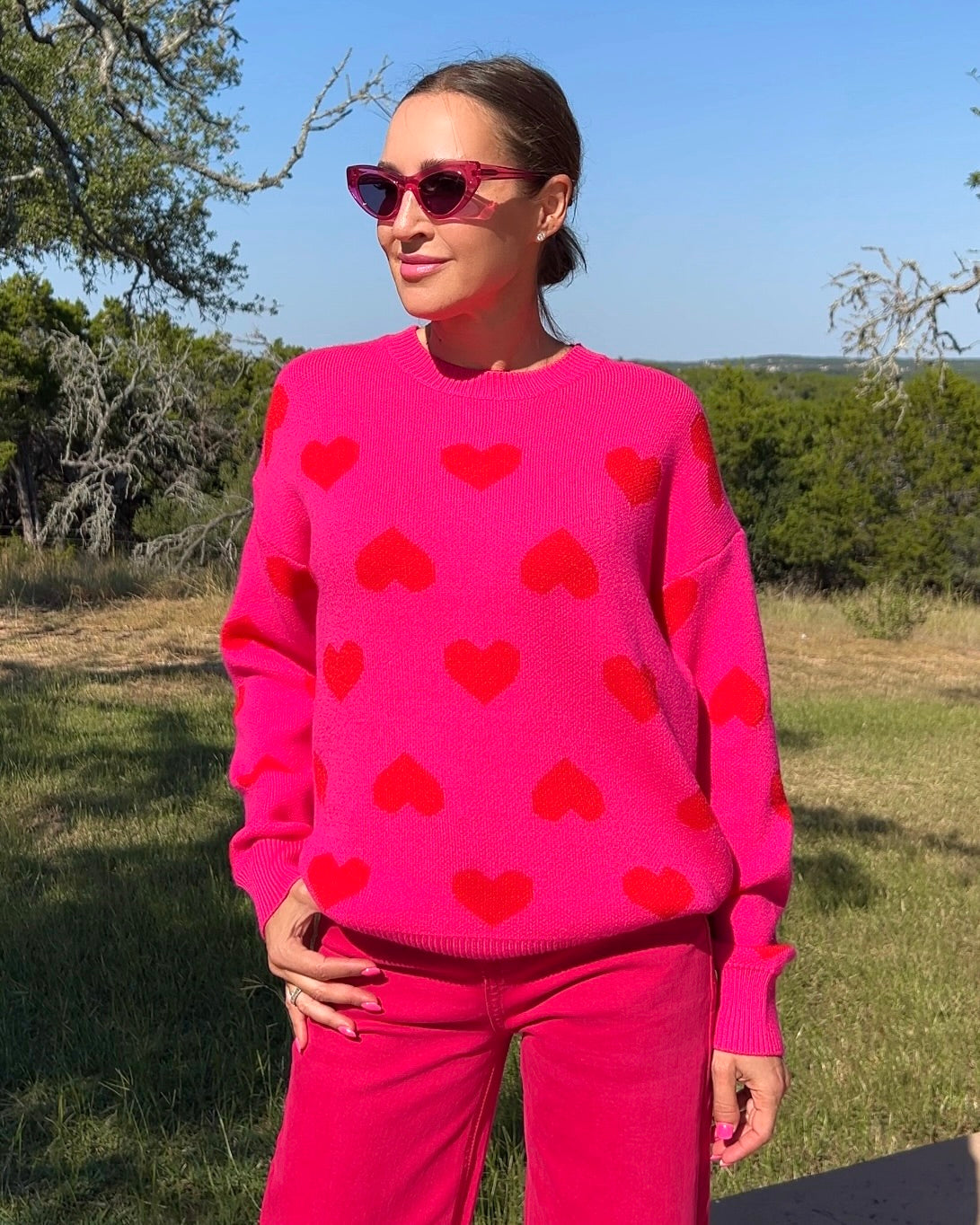 Heart Round Neck Long Sleeve Sweater