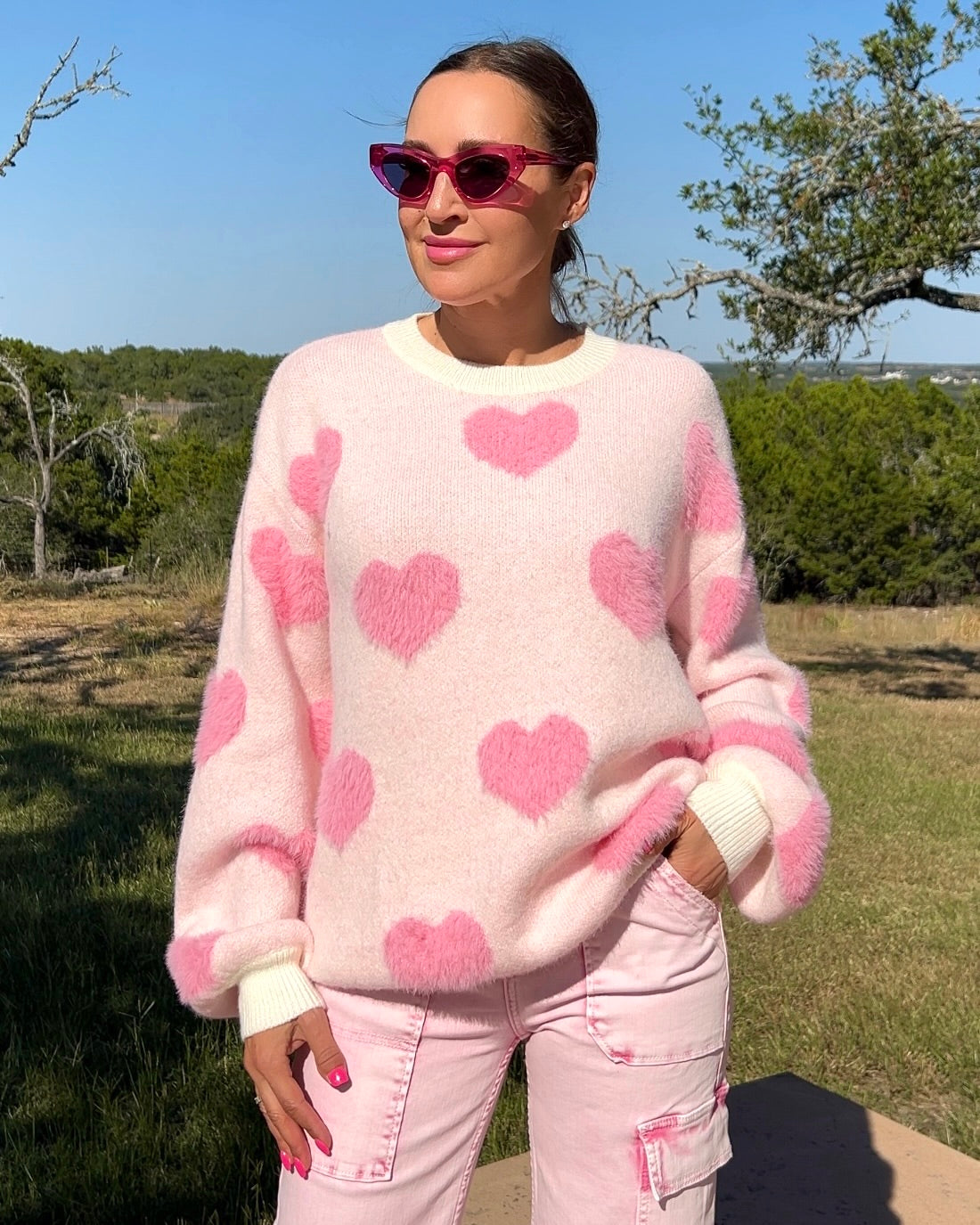 Heart Dropped Shoulder Long Sleeve Sweater