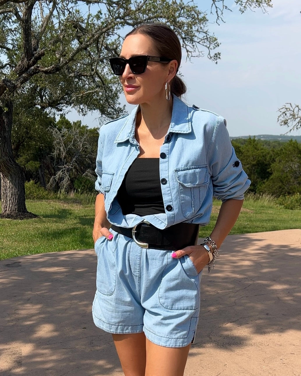 Drawstring Half Button Half Sleeve Denim Romper