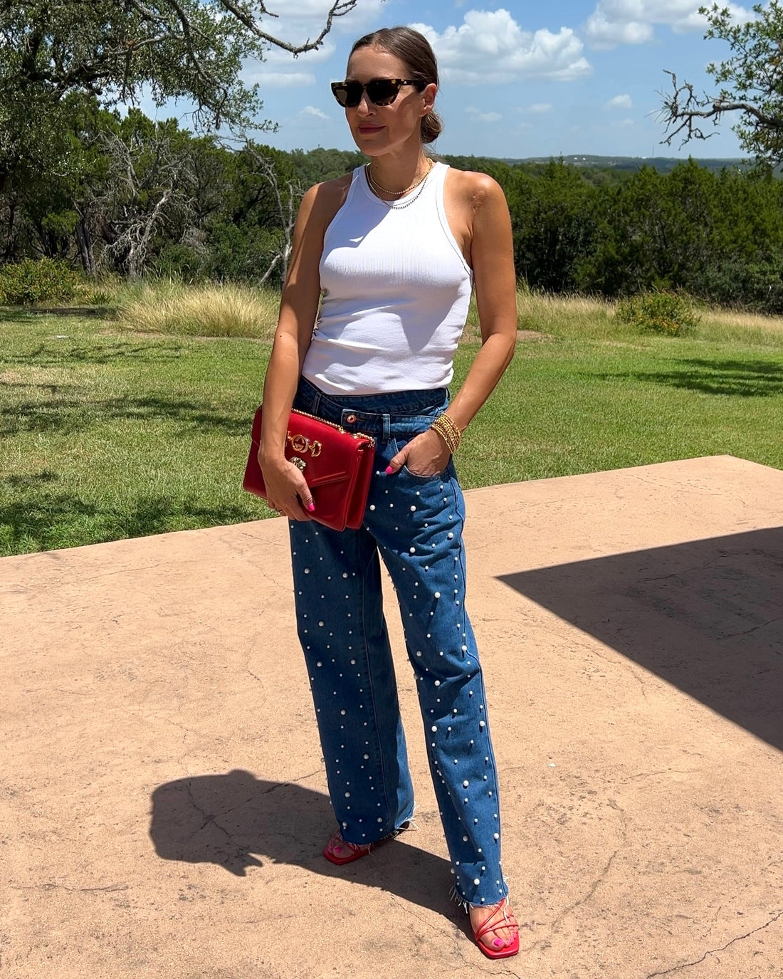Pearl Embellished High Waist Straight Leg Jeans - Barbara Aleks