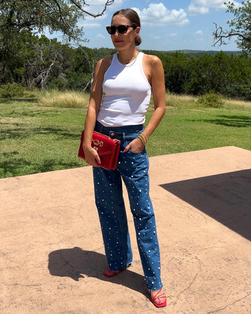 Pearl Embellished High Waist Straight Leg Jeans