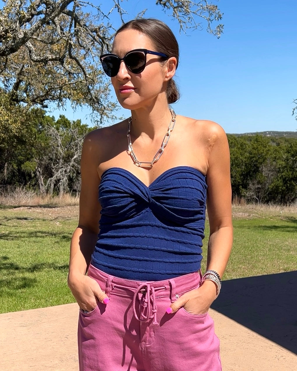 Ruched Twisted Sweetheart Neck Top
